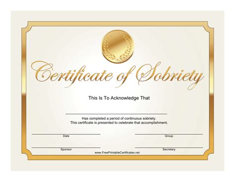 Golden Certificate Of Sobriety Template Download Printable Pdf