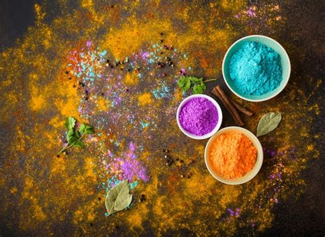 Premium Photo Traditional Indian Holi Colours Powder Spices On Dark