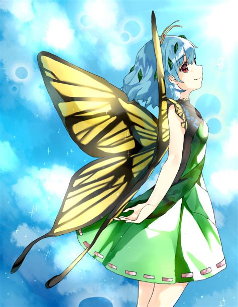 Safebooru 1girl Antennae Bangs Bare Arms Blue Hair Blue Sky Breasts Butterfly Wings Cheunes