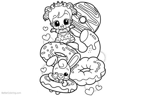 Cute Food Coloring Pages Girl Rabbit and Donuts - Free Printable