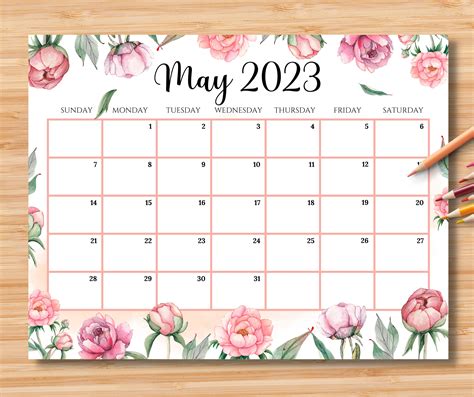 Editable May 2023 Calendar Hello Spring With Beautiful Etsy Hong Kong
