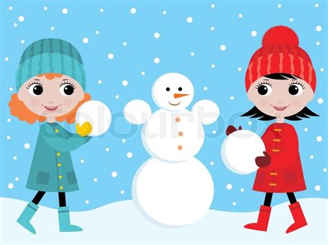 Little Girls Build The Snowman Stock Vector Colourbox