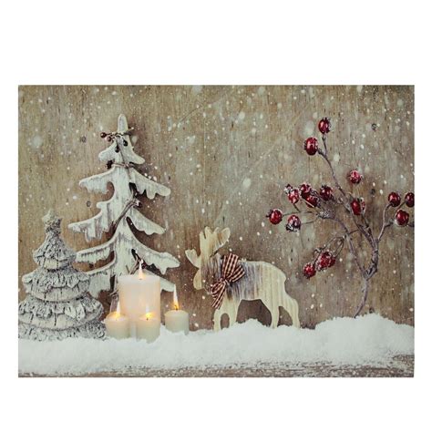 Led Lighted Rustic Reindeer Candles And Berries Christmas Canvas Wall