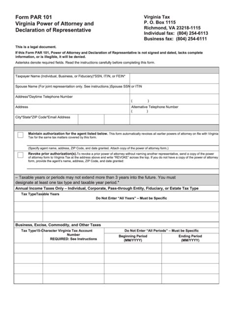Over 40mm docs created · free legal documents · try us for free Fillable Form Par 101 - Virginia Power Of Attorney And Declaration Of Representative printable ...