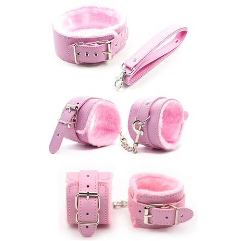 Pu Leather Erotic Pink Handcuffs Anklecuffs Restraints Neck Collar With