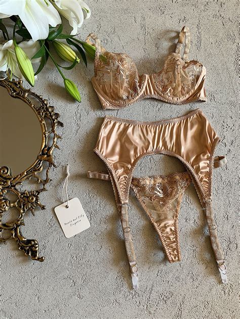 Gold Satin Lingerie Set Sexy Embroidered Lingerie See Etsy Australia