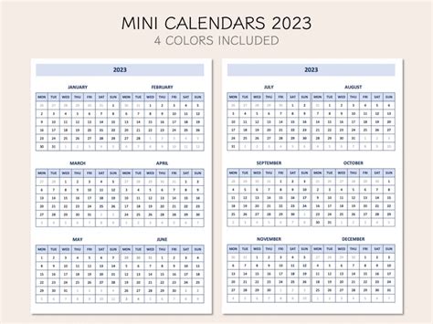 Printable Mini Monthly Calendars 2023 Yearly Overview 2023 Etsy Hong Kong
