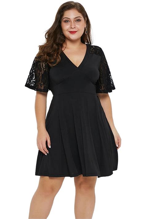 Hualong Elegant Lace Short Sleeve Plus Size Black Skater Dress Online