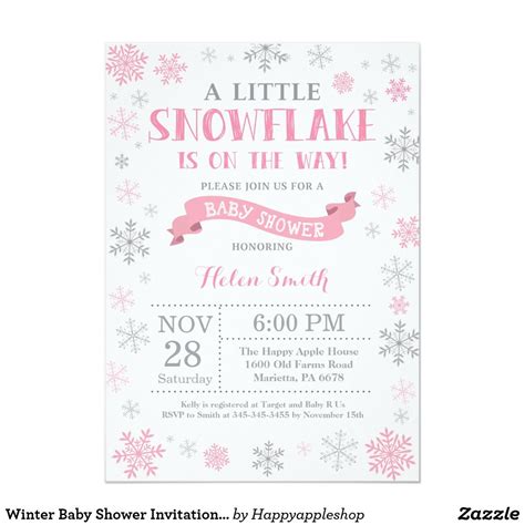 Winter Baby Shower Invitation Pink Snowflake Pink Baby