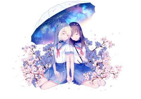 Wallpaper Umbrella School Uniform Original Characters Flowers