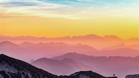Desktop Wallpaper Sunset Horizon Mountains Nature 4k Hd Image