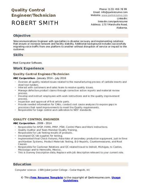 Healthcare & wellbeing resume examples. Quality Control Engineer Resume Samples | QwikResume