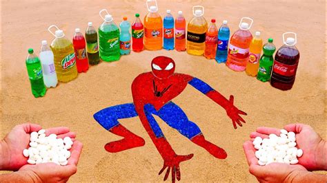 EXPERIMENT How To Make Colorful SPIDER MAN With Mentos Big Coca Cola Dew Fanta Sprite