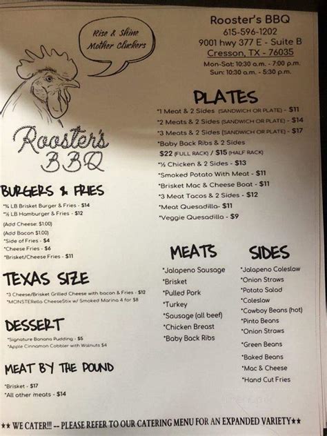 Roosters ✅menu and ☝prices at all 43 us locations. Online Menu of Rooster's BBQ, Cresson, TX