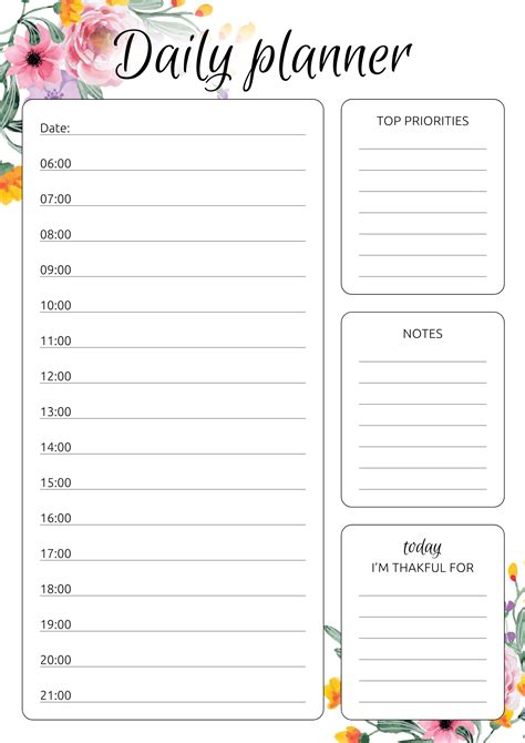 Printable Daily Hourly Planner With Flowers Pdf Download Study
