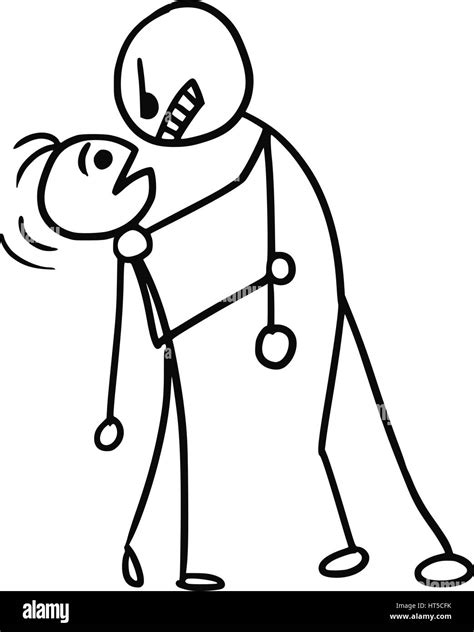 Cartoon Vector Doodle Big Stickman Is Holding Neck Of Smaller Stickman