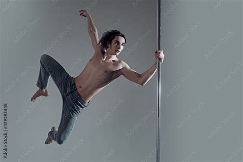 Pole Dancer Sexy Muscular Men With Bare Naked Body Torso Pole Dancing Guy Makes Figure On Pole
