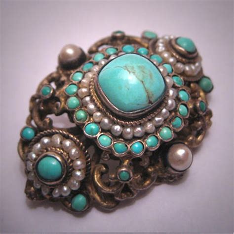 Antique Austro Hungarian Turquoise Seed Pearl Brooch Pin Etsy