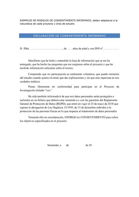 Ejemplos De Modelo De Consentimiento Informado Ejemplos De Modelos De