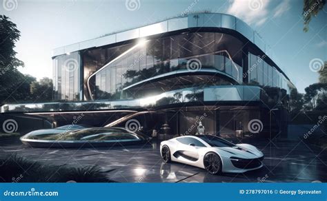 Ultimate Luxury: Bionic Mansion & Bright Supercar Stock Illustration