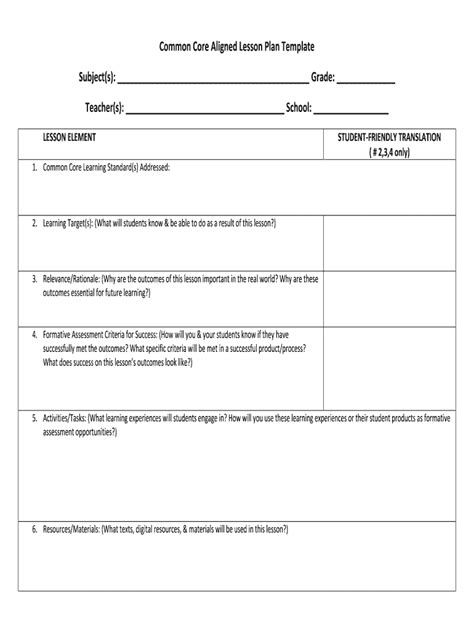 Common Core Aligned Lesson Plan Template Subjects Grade