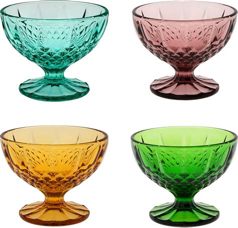 kmwares 4pcs set 8oz colored footed glass dessert bowls cups with colorful crystal