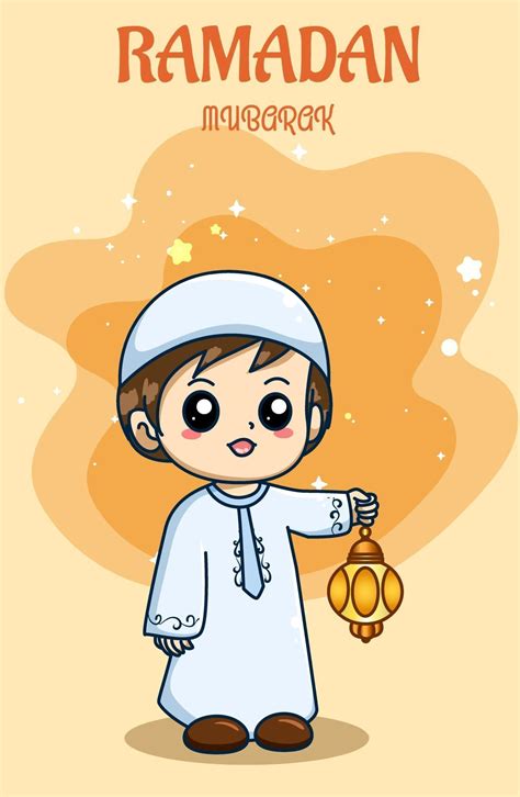 Little Boy With Lantern Celebrating Ramadan Kareem Cartoon Illustration