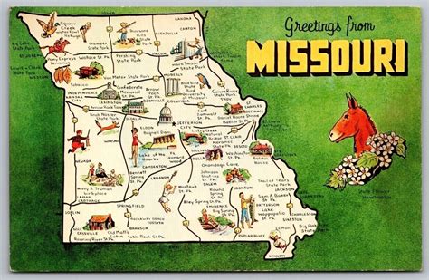 Greetings Missouri Show Me State Map Cities Landmarks Chrome Unp