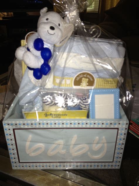 (pin from your own blog only please.). Baby Shower Gift Basket I made. Got the wooden 'Baby' box ...