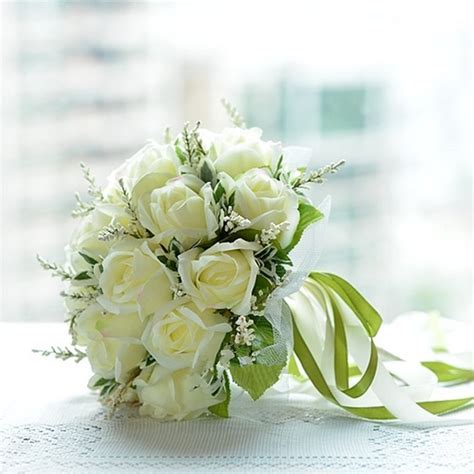 korea bridal bouquets white roses bunch satin ribbon lace up white handle romantic wedding bride