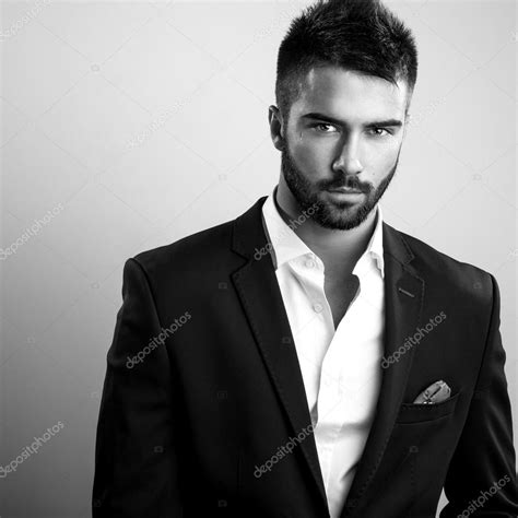 Elegant Young Handsome Man Black White Studio Fashion Portrait Stock