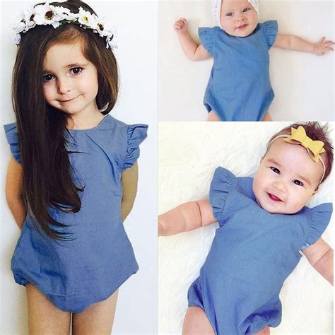 2018 Summer Baby Girl Clothes Denim Romper Ruffle Sleeves Solid Blue