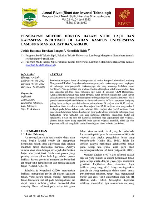Pdf Penerapan Metode Horton Dalam Studi Laju Dan Kapasitas Infiltrasi