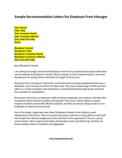 Free Printable Recommendation Letters For Employee From Manager