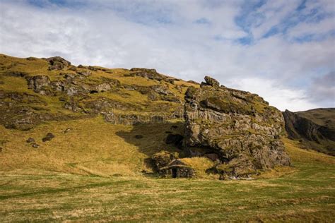 Icelandic Turf House Built Into A Rock Cave Stock Image Image Of