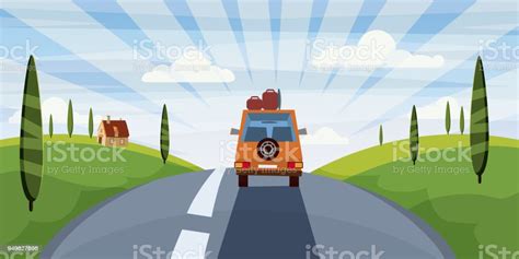 Highway Travel Summer Road Car Cute Landscape Cartoon Style Vector