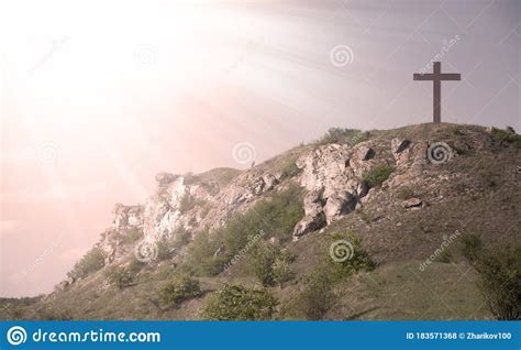 Cross Of Jesus On Mount Calvary Light From The Sky Resurrected Stock