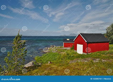 Scenic Scandinavian House In Green Landscapa Of Norway Stock Image