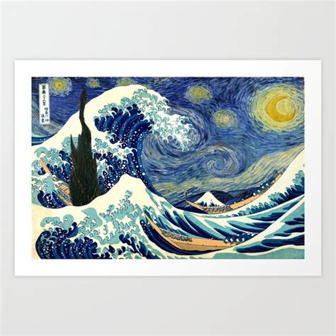The Great Wave Off Kanagawa Starry Night Art Print By Vintageartstore