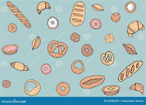 Bakery Bread Hand Drawing Pattern Buns Baguette Croissant Cookies