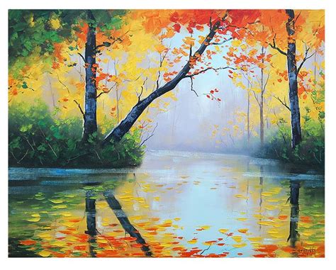 Original Oil Painting River Impressionist Tree Vibrant