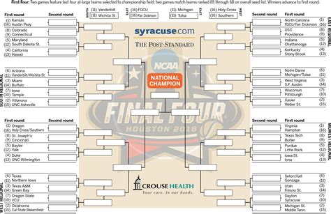 2016 Ncaa Tournament Bracket Print Download Updated March Madness