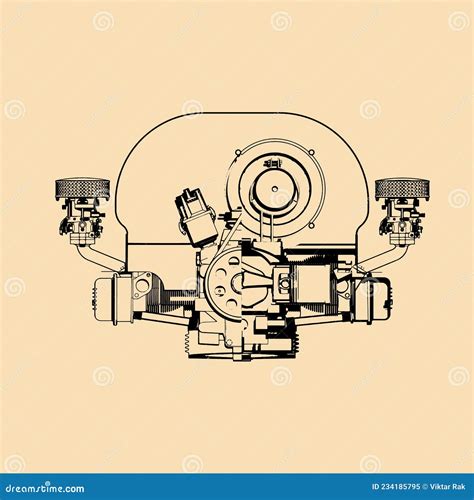 Sectional Drawing Of An Aircooled Boxer Engine Stock Vector
