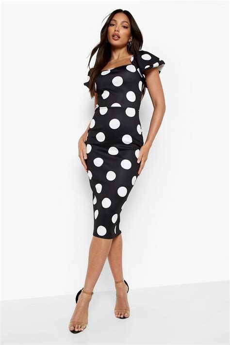 Fashionable And Cheaptall Polka Dot Frill Detail Midi Dress At Low