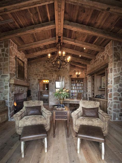 Rustic Home Office With Exposed Beams And Stone Walls Rustic Home