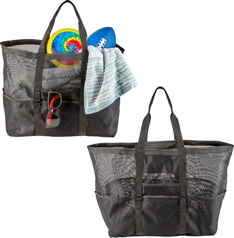 Mesh Beach Bags Black Totes With 9 Pockets 2 Pack Uk