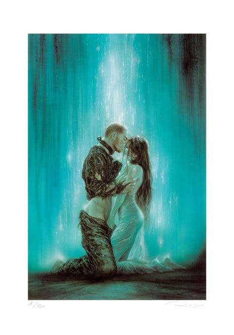 A Painting Of Two People Kissing In Front Of A Blue Background With