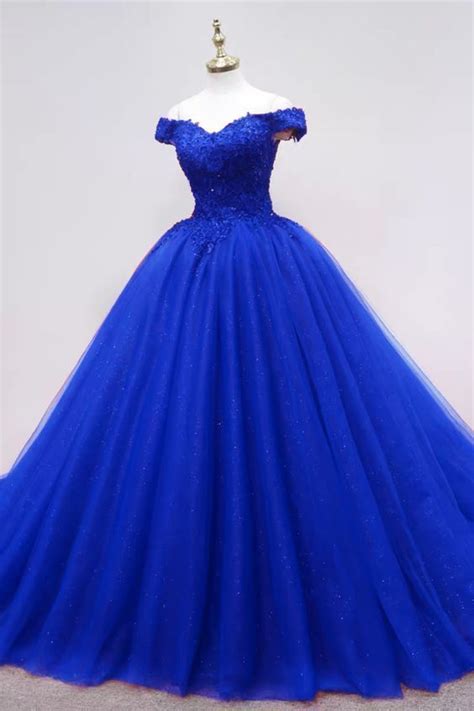 Sassy Wedding Royal Blue Tulle Ball Gown Appliques Off The Shoulder