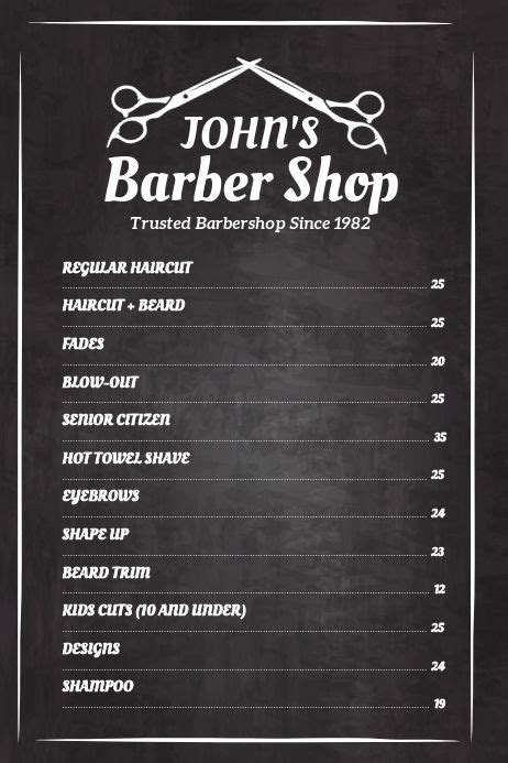 The John S Barber Shop Menu Is Shown On A Blackboard With White Writing