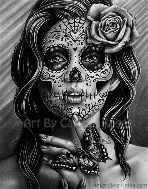 A Pencil Drawing Of A Woman With Sugar Skull Makeup And Roses On Her Face